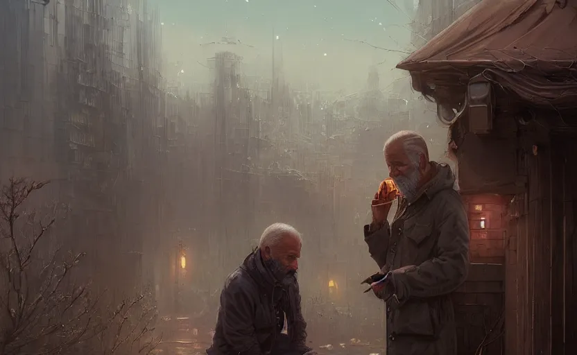 Image similar to highly detailed portrait of joe biden as a homeless, in vr, stephen bliss, unreal engine, fantasy art by greg rutkowski, loish, rhads, ferdinand knab, makoto shinkai and lois van baarle, ilya kuvshinov, rossdraws, tom bagshaw, global illumination, radiant light, detailed and intricate environment