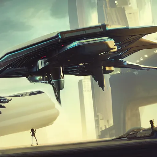 Image similar to cyberpunk alien concept of the a - team van with a pair of alien spaceship wings on the sides flying trough the sky, futuristic look, highly detailed body, very powerful, photorealistic camera shot, crisp quality and light reflections, unreal engine 5 quality render