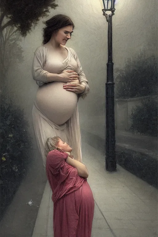 Image similar to pregnant woman under street light, casual wear, by Alyssa Monks, Bouguereau