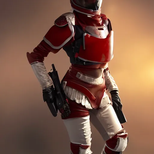 Prompt: a young female soldier wearing bloodstained glossy sleek white dinged scuffed armor and a long torn red cape, heroic posture, determined expression, elegant, no helmet, on the surface of mars, dramatic lighting, cinematic, sci-fi, hyperrealistic, detailed