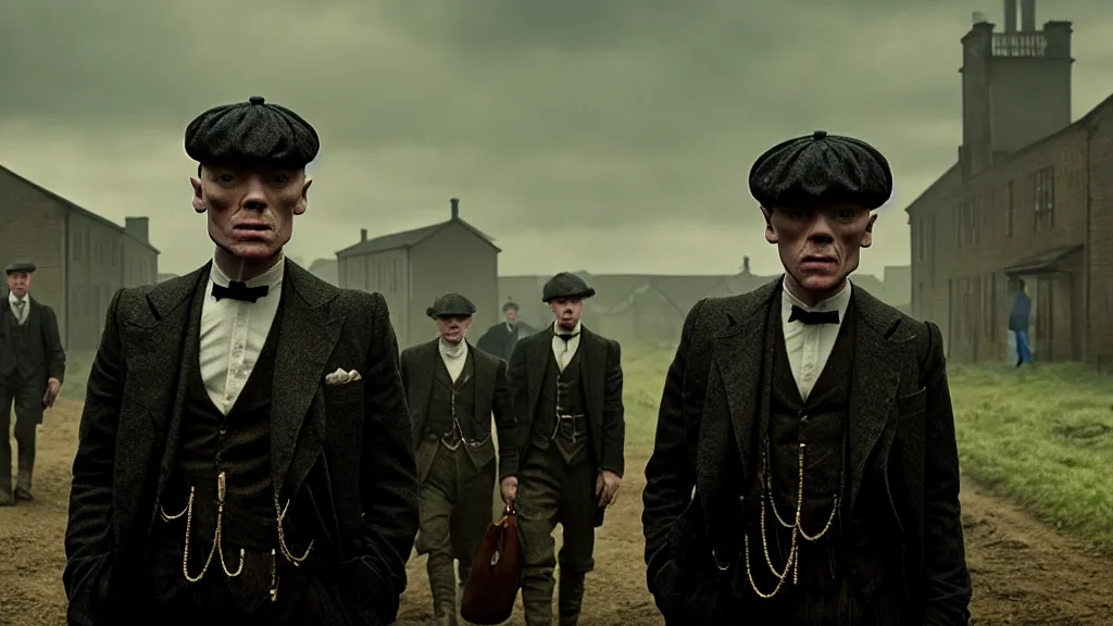 Image similar to the peaky blinders with peanuts heads, film still from the movie directed by denis villeneuve with art direction by zdzis