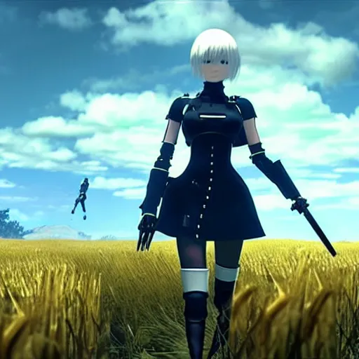 Prompt: a high resolution image from nier : automata, featuring 9 s android fighting an armoured vehicle resembling a russian t 3 4 tank in yellow rye field under pure blue skies