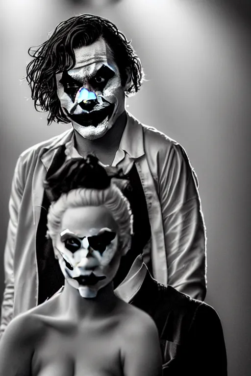 Image similar to joaquin phoenix joker with harley queen lady gaga, photorealistic, ultrarealistic, smooth, 4 k, aesthetic lighting, baroque object, sharp focus, hyperdetailed, professional photography, pullitzer winning, 8 0 0 photo by : canon eos 5 d mark iv, by karah mew and adnan abidi and jodie bateman and ansel adams