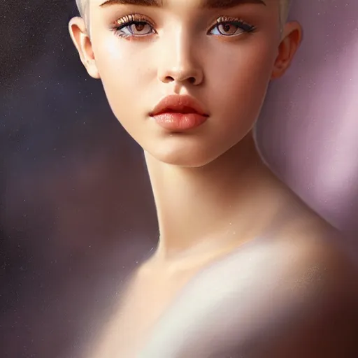 Image similar to tom bagshaw, very beautiful genetic mix of madison beer bella poarch dove cameron in a sailor suit flirting smile, randomly lustrous dyed hair, professionally retouched, focus eyes, ultra realistic soft painting, insanely detailed linework, symmetrical accurate intricate features, behance artstation, 8 k, no artifacts signatures