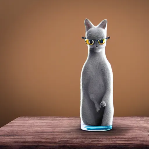 Prompt: cute gray cat as a liquid in a fantasy potion bottle on a rustic tabletop, pixar, 3 d render, blurred background