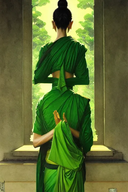 Image similar to buddhism, temple, green clothes, painting by greg rutkowski, j. c. leyendecker, artgerm