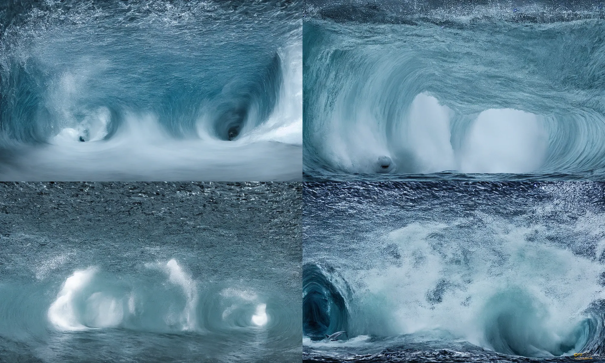 Image similar to giant waves rolling over, inside the tunnel, with great white shark inside the wave tunnel, by national geographic, high speed photography, refractions, nazare (portugal)