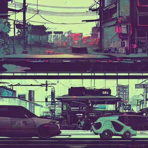 Image similar to Masamune Shirow simon stalenhag exterior armored honda civic crx street neo tokyo cyberpunk. ian mcque ink calligraphy art James Gilleard.