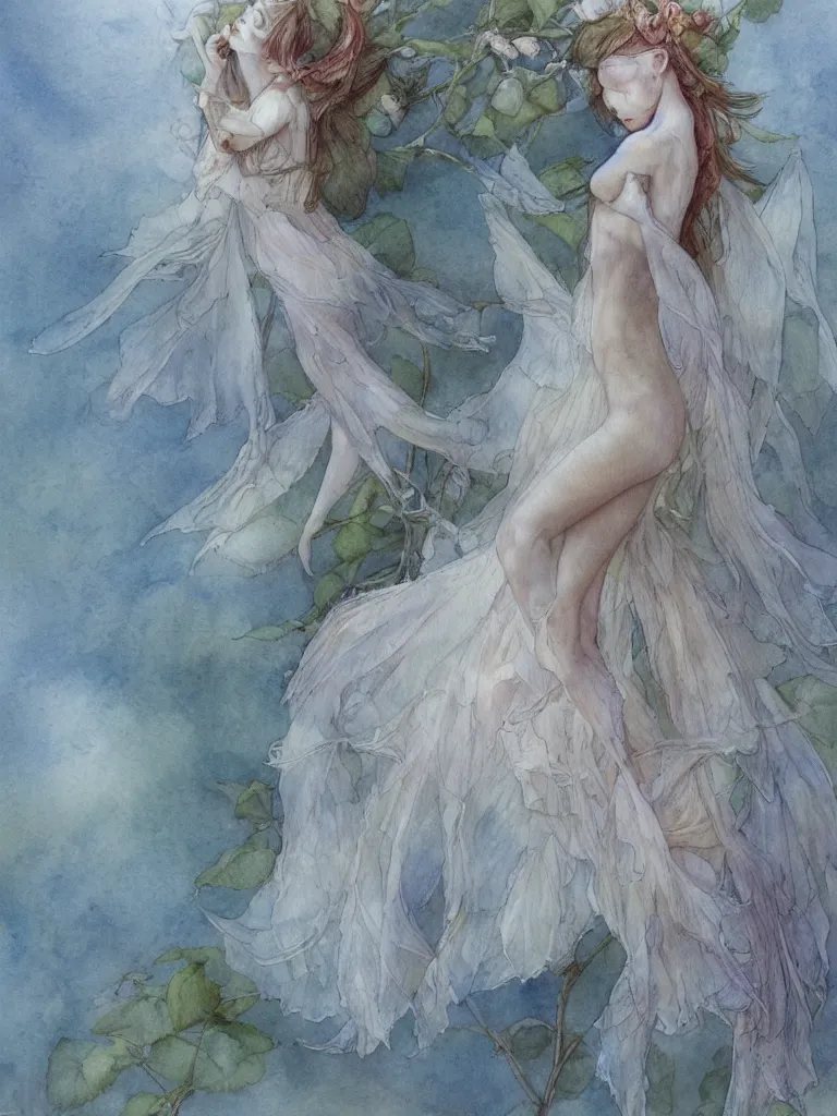 Image similar to study of a flower fairy, illustration, watercolor, alan lee, detailed, pretty, ethereal, realistic, artstation