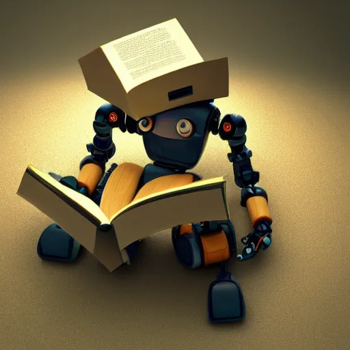 Image similar to a curious robot sitting, reading a book, octane render, 3D