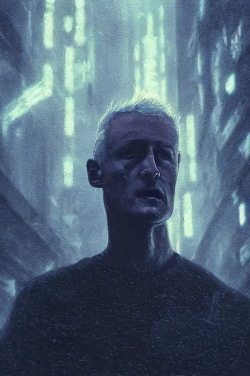 Image similar to a painting of the replicant roy batty realizing the very absurdity of life when all memories will be lost in time like tears in the rain, in the style of blade runner, ridley scott, epic composition, dramatic lighting, octane render