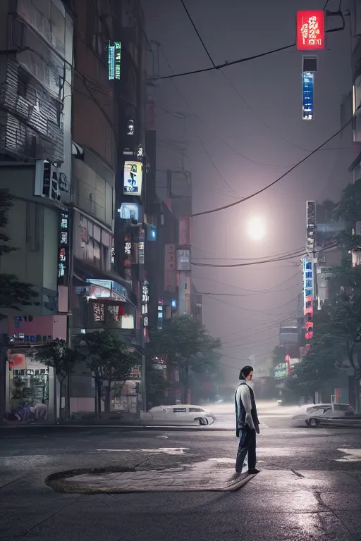 Image similar to a man standing in the middle of a tokyo street at night, a photorealistic painting by Gregory Crewdson, cgsociety, american scene painting, playstation 5 screenshot, matte painting, cryengine