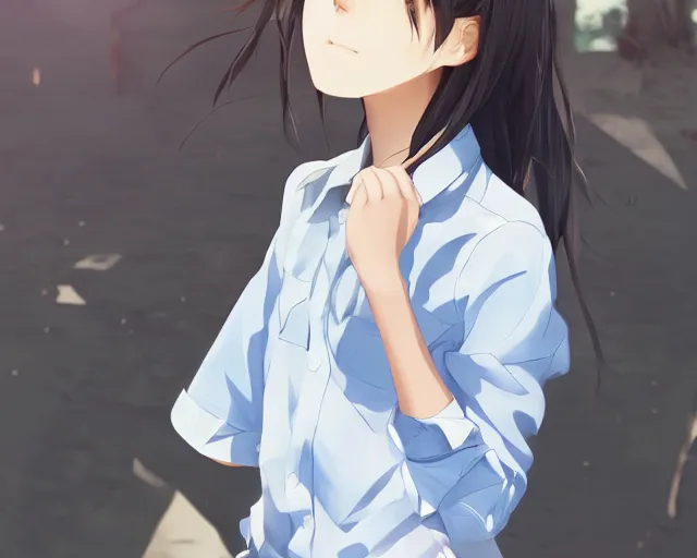 Image similar to teen looking at blue sky, wearing white shirt, cool pose, sharp details, sharp focus, detailed face, illustration, by pine ( ハイネ ) and 薯 子 imoko and 香 川 悠 作 and wlop and maya takamura, highly detailed, trending artstation, pixiv, digital art