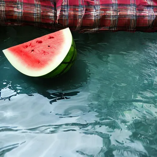 Prompt: Watermelon falling off bed into water, with tree falling,