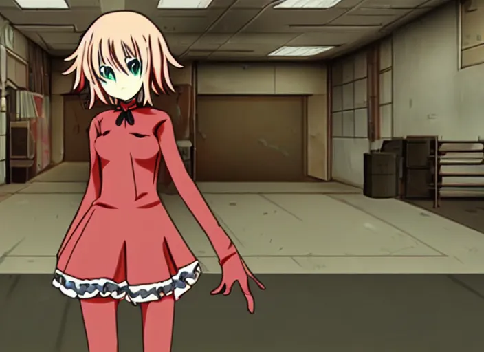 Image similar to an anime girl in a screenshot of the video game doom, the anime girl is running