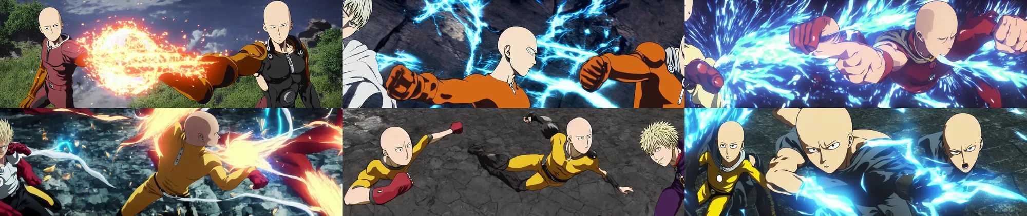 Prompt: screenshot of epic fight scene between saitama (one punch man) fighting genos (one punch man), PS5 unreal engine 5 realistic graphics 8k