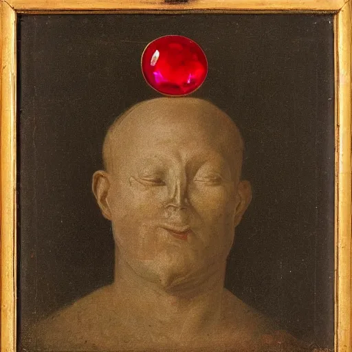 Image similar to a portrait of man with hand growing from his head, holding a red crystal