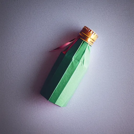 Image similar to an origami paper bottle design, macro photography, ambient light