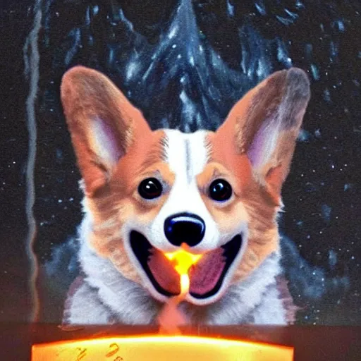 Image similar to a corgi as an eldtrich horror deep in a cave only the face of the corgi illuminated by a torch, realistic, creepy