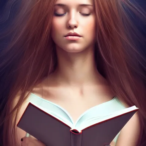 Image similar to a girl reading a book, hair flowing down, symmetric!, 8 k, hyperrealistic, hyperdetailed, fantasy portrait by laura sava