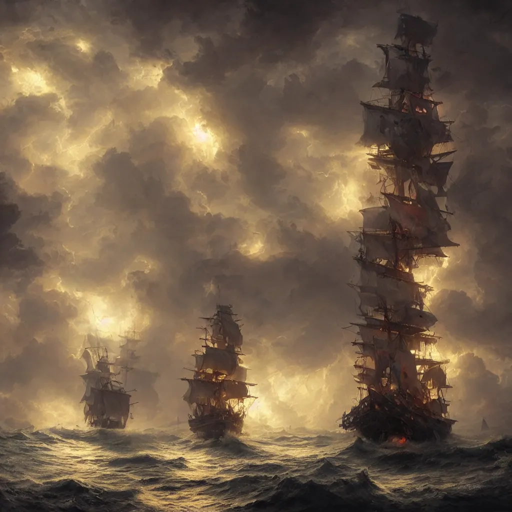 Image similar to pirate ship in a storm, hurricane, fantasy epic legends stylized digital illustration radiating a glowing aura illumination ray tracing hdr fanart arstation, 8 k, art by greg rutkowski, ultra detailed