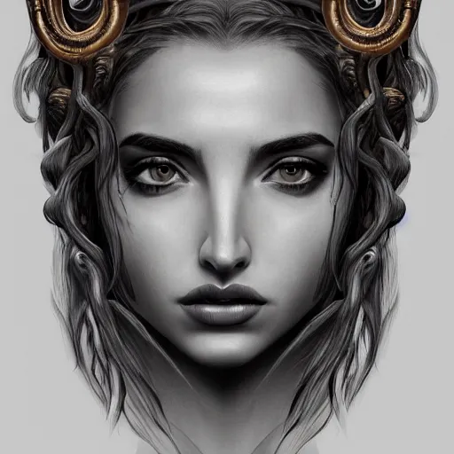 Prompt: ana de armas bust as medusa from greek mythology, gorgon, big living snakes cobras in his head hair, snakes in place of hair, symmetrical, pencil drawing, hyperdetailed, 8 k realistic, trending on artstation, by alphonso dunn and rob plater and miles yoshida
