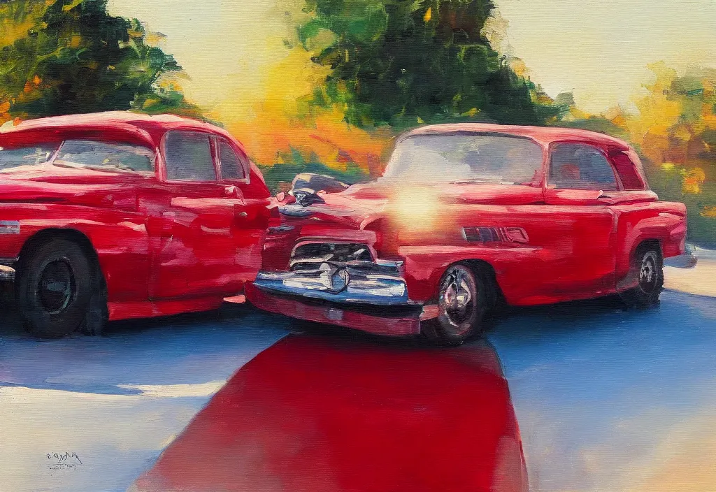 Prompt: red car, driving, golden hour, brush strokes, peaceful, oil painting