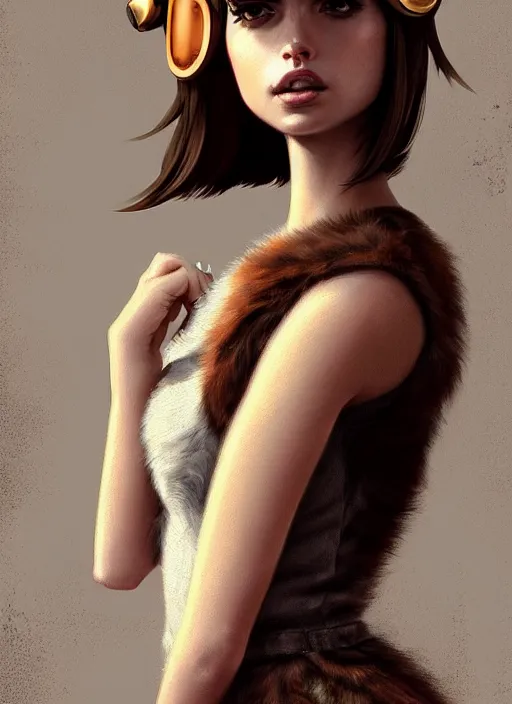 Image similar to ultradetailed beautiful panting of a stylish young lady ( ( ana de armas ) ) wearing a brown foxgirl suit with cat ears, dramatic, furry, she has blond hair, distressed, volumetric light, by greg rutkowski, ilya kuvshinov, james jean, makoto shinkai, on artstation