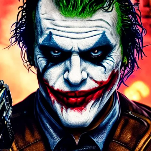 Image similar to the joker 2 0 1 9 in gears of war, splash art, movie still, detailed face, photorealistic facial features, cinematic lighting, dramatic, octane render, long lens, shallow depth of field, bokeh, anamorphic lens flare, 8 k, hyper detailed, 3 5 mm film grain