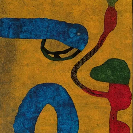 Image similar to A beautiful installation art of a snake eating its own tail that seems to go on forever. layered paper, olivine by Paul Klee vivid, beautiful