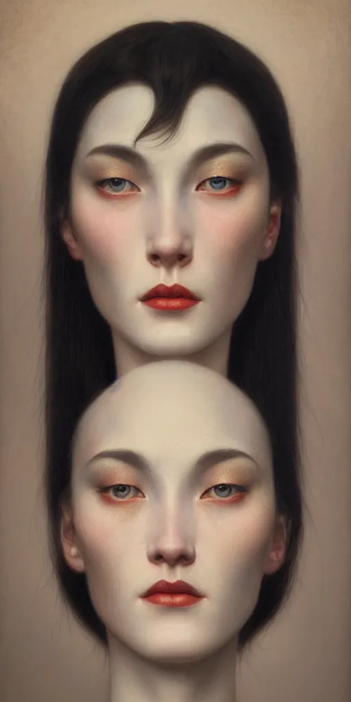 Image similar to very very beautiful portrait photo of chthonic AI face, Perfect face, extremely high details, realistic, by Edward Hopper, Tom Bagshaw , Rene Margitte