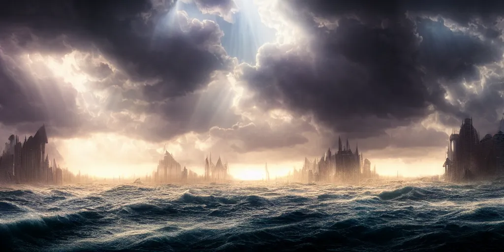 Prompt: a submerged city by james paick, extreme torrential stormy waves, hurricane, matte painting, god rays, 1 5 mm lens, early morning, dramatic lighting, cinematography, game environment design, cinematic, global illumination, highly detailed, bloom