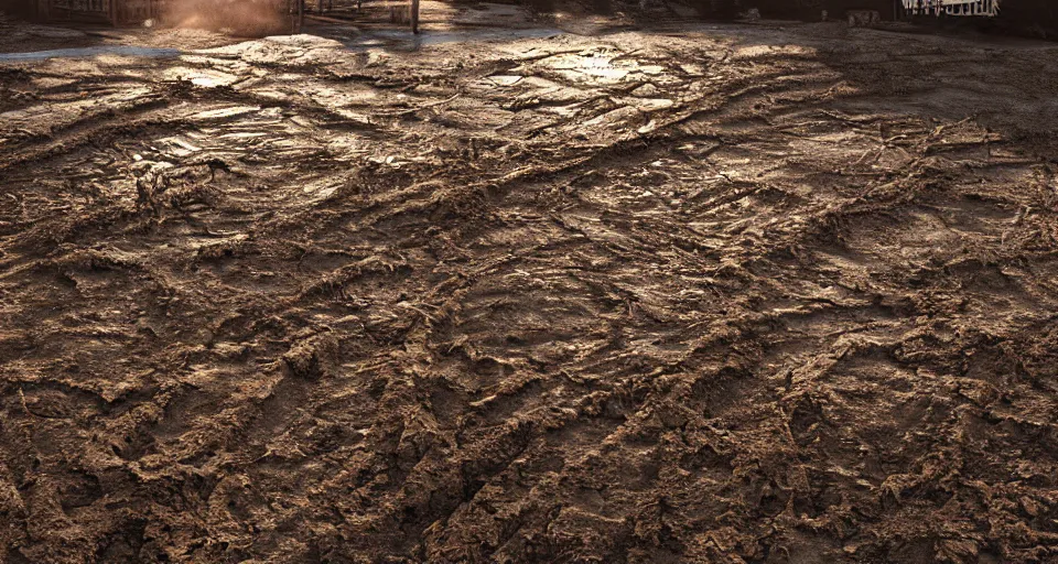 Prompt: photo realistic!! pulled - away / angled shot a mud wrestling arena in at dusk, dramatic lighting, artstation, pinterest, deviantart, polycount, keyshot, marmoset toolbag, unreal engine