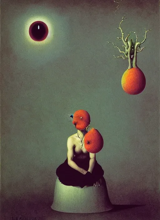 Image similar to She Eats of the Strangling Fruit and Her polyp blossoms bring iridescent fungal flowers whose spores black the foolish stars Edward Hopper and James Gilleard, Zdzislaw Beksinski, Mark Ryden, Wolfgang Lettl highly detailed