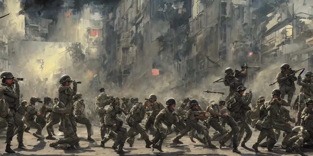 Prompt: street art mural of a military police arresting protestors by Peter Mohrbacher, James Jean, Craig Mullins, Ross Tran, Hiroshi Yoshida, Mark Simonetti