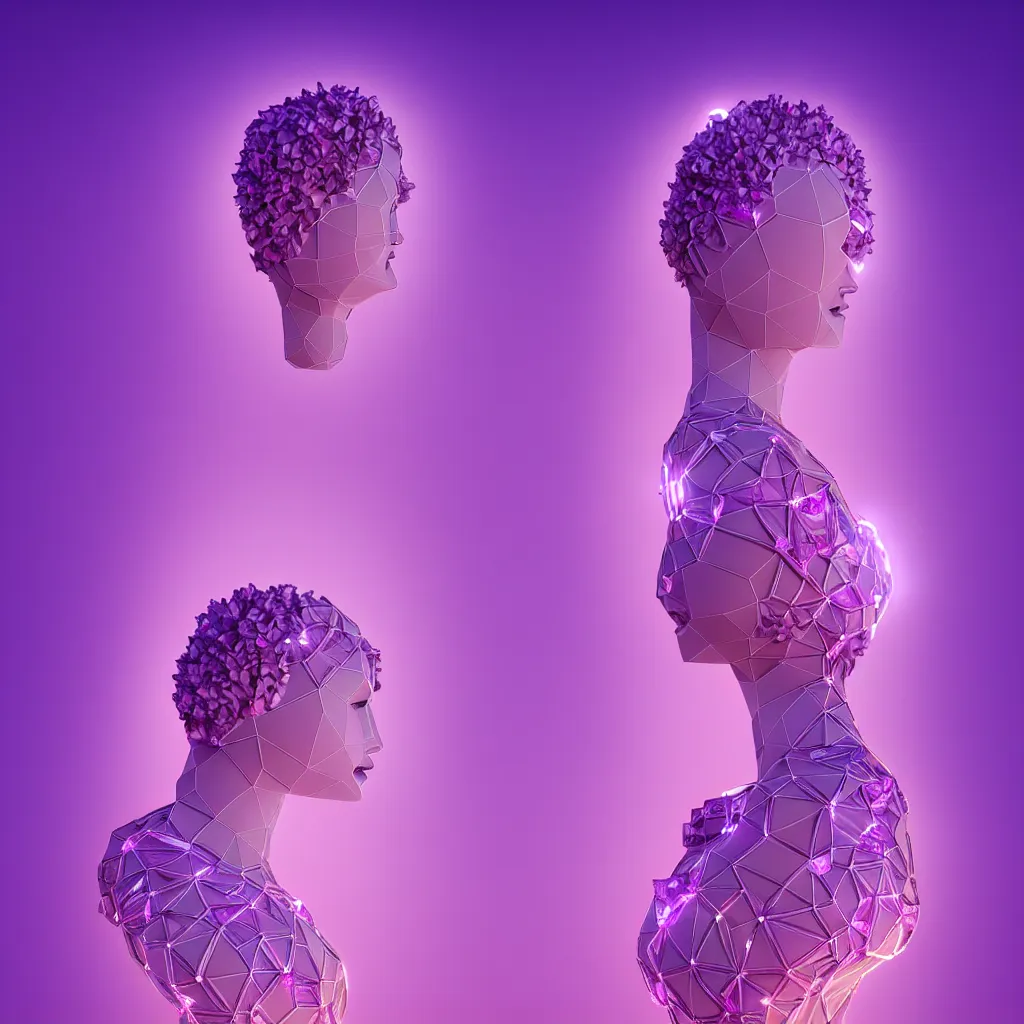 Image similar to beautiful mannequin sculpted out of amethyst by billelis + lit with 3 d geometric neon + facing a doorway opening with neon pink geometric fractal light + flowering hosta plants!!!, moon in background!, rule of thirds, clean linework, dramatic, award winning, 4 k, trending on artstation, photorealistic, volumetric lighting, octane render