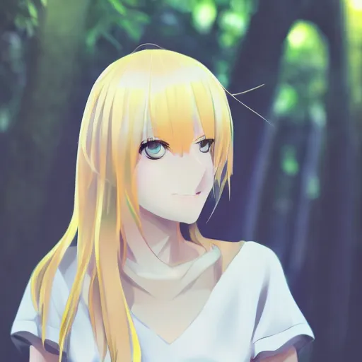 Image similar to a beautiful blond anime girl made from plants, full body shot, symmetrical face, 8 k, shallow depth of field, moody lighting, cinematic lighting,