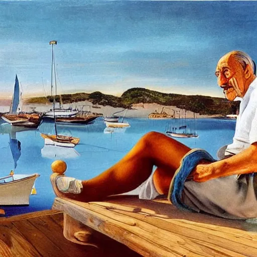 Prompt: painting by salvador dali of a senior caucasian man, sitting on a deck near the harbor, boats and water. it i a beautiful summer day