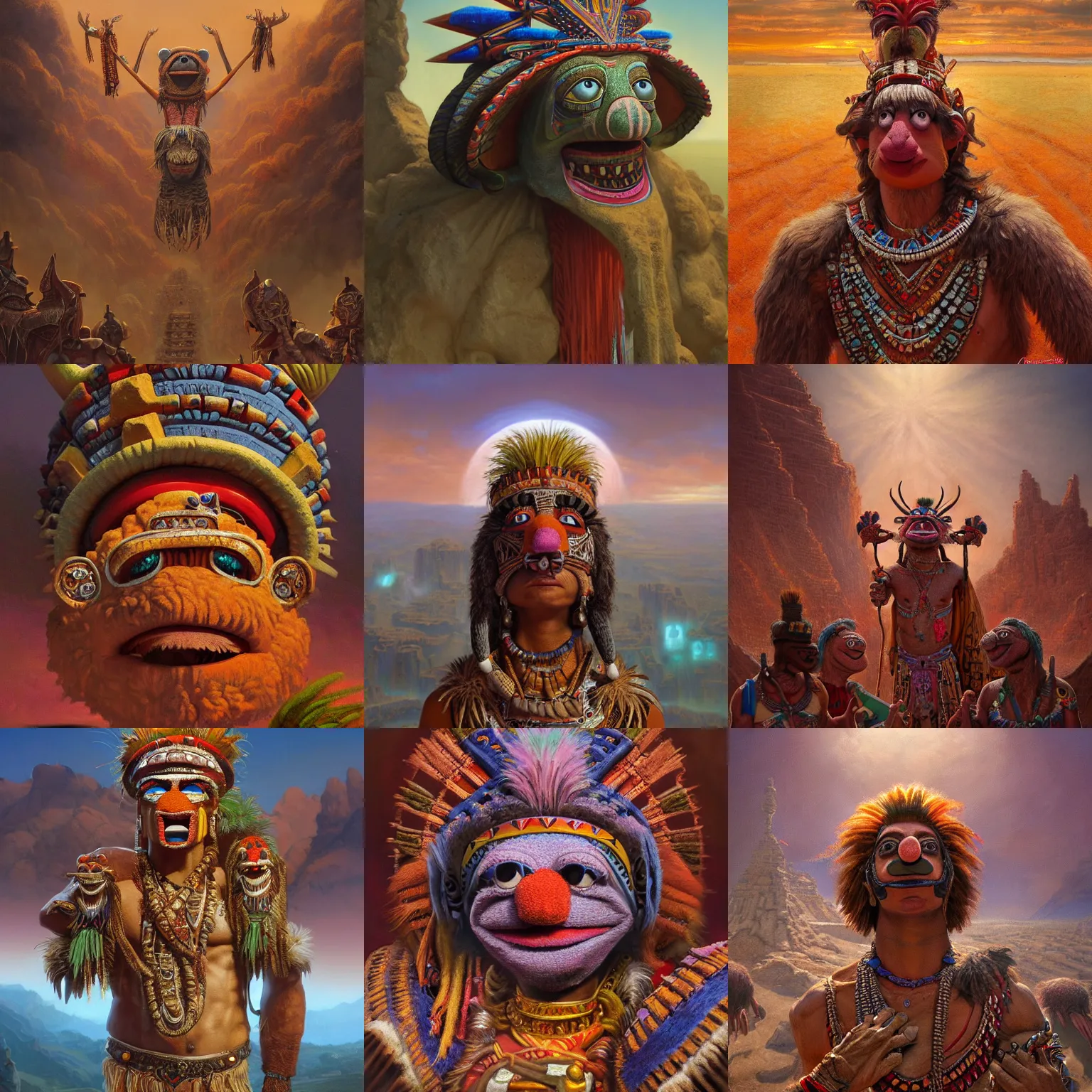 Image similar to an aztec sacrifice muppet, detailed, centered, digital painting, artstation, concept art, donato giancola, joseph christian leyendecker, wlop, boris vallejo, breathtaking, 8 k resolution, extremely detailed, beautiful, establishing shot, artistic, hyperrealistic, beautiful face, octane render, cinematic lighting, dramatic lighting, masterpiece