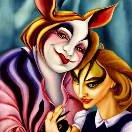 Prompt: Alice in Wonderland cuddling the cheshire cat by Tamara de Lempicka and Elisabeth Sonrel, dramatic lighting lighting