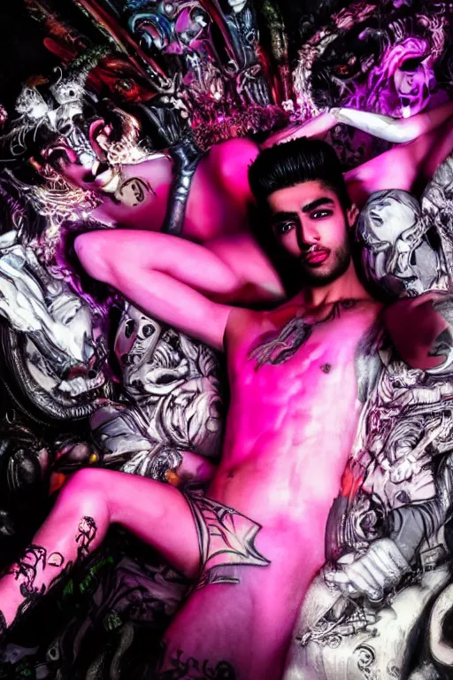 Prompt: full-body rococo and cyberpunk style neon statue of a young attractive Zayn Malik macho dotado e rico android sim roupa reclining con las piernas abertas e la piroca dura, ethereal white dripping tar, glowing orange lasers, pink tigers, glowing eyes, silver prince crown, black gears, pink diamonds, swirling mint-colored silk fabric. futuristic elements. full-length view. human skulls. large intricate artwork by caravaggio. Trending on artstation, octane render, cinematic lighting from the right, hyper realism, octane render, 8k, depth of field, 3D