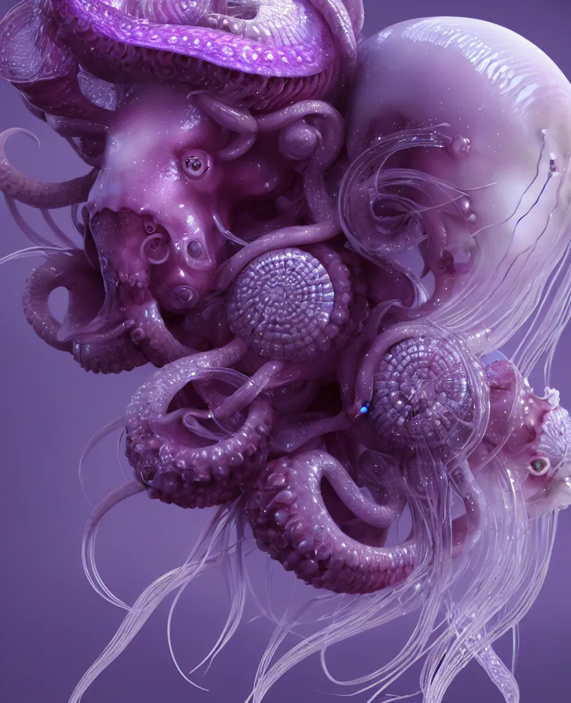 Image similar to goddess princess beautiful face close-up portrait ram skull zbrush sculpt. jellyfish phoenix head, nautilus, orchid, skull, betta fish, bioluminiscent creatures, intricate artwork by Tooth Wu and wlop and beeple. octane render, trending on artstation, greg rutkowski very coherent symmetrical artwork. cinematic, hyper realism, high detail, octane render, 8k