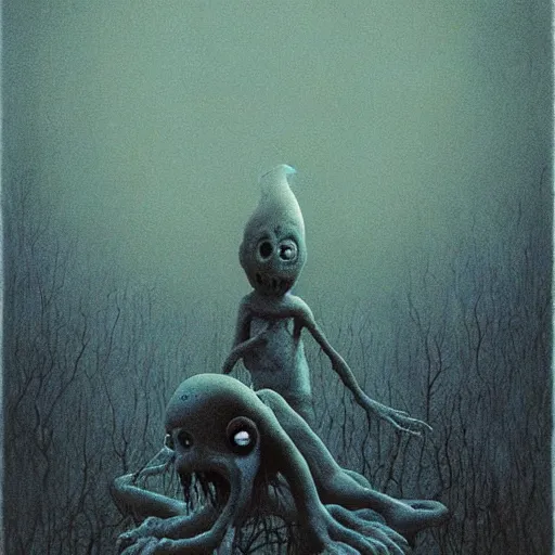 Image similar to smurfs beksinski, eldritch, terrifying, creepy creature, horror spooky