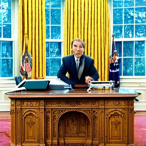 Prompt: spagett hiding in the oval office