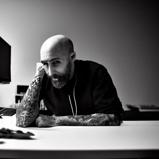 Image similar to dystopian photo of a skinny, bald, middle aged man with a closely cropped beard, skin tattoos, he is sitting at a desk with a pc in a dark room, atmospheric, blackness, glowing screen, crisp detail, medium distance, office cubicles, dramatic lighting, f / 3. 2 3 5 mm photo by paolo pellegrin