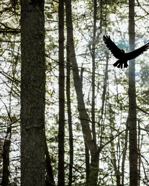 Prompt: a flying crow in a forest. hyper realistic and anamorphic 2 0 1 0 s movie still of giovanni falcone, by paolo sorrentino, leica sl 2 3 0 mm, beautiful color, high quality, high textured, lens flare, refined face