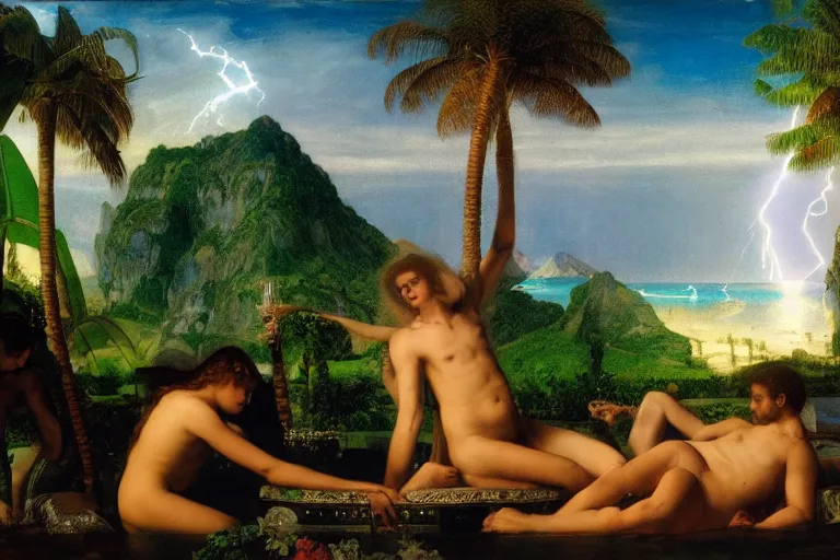 Prompt: The chalice of the occult, refracted sparkles, thunderstorm, greek pool, beach and Tropical vegetation on the background major arcana sky and occult symbols, by paul delaroche, hyperrealistic 4k uhd, award-winning, very detailed paradise