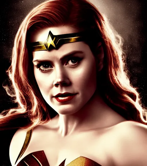 Image similar to a potrait of Amy Adams potrayed as Wonder Woman, Directed by Zack Snyder, Christopher Nolan, Sam Raimi, 8k photorealistic, cinematic lighting, HD, high details, dramatic, trending on artstation, above view, dark atmosphere,