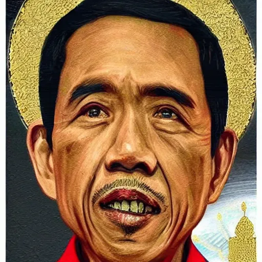 Image similar to Jokowi indonesian president as saint,with ortodhox syrian painting styles,with realistic details and authentic historical art