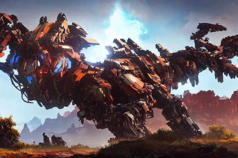 Image similar to ravager machine mecha animal beast robot of horizon forbidden west horizon zero dawn bioluminiscence global illumination ray tracing hdr fanart arstation by sung choi and eric pfeiffer and gabriel garza and casper konefal